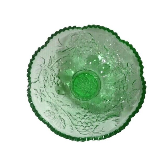 Green Glass Round Fruit Bowl Large Sawtoogh Edge Embossed 12.5 Diameter - Picture 3 of 3